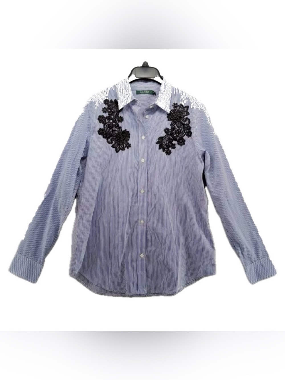 Lauren Ralph Lauren Blue Pinstripe Button-Up Shirt with Navy Lace Appliqué Sz. M